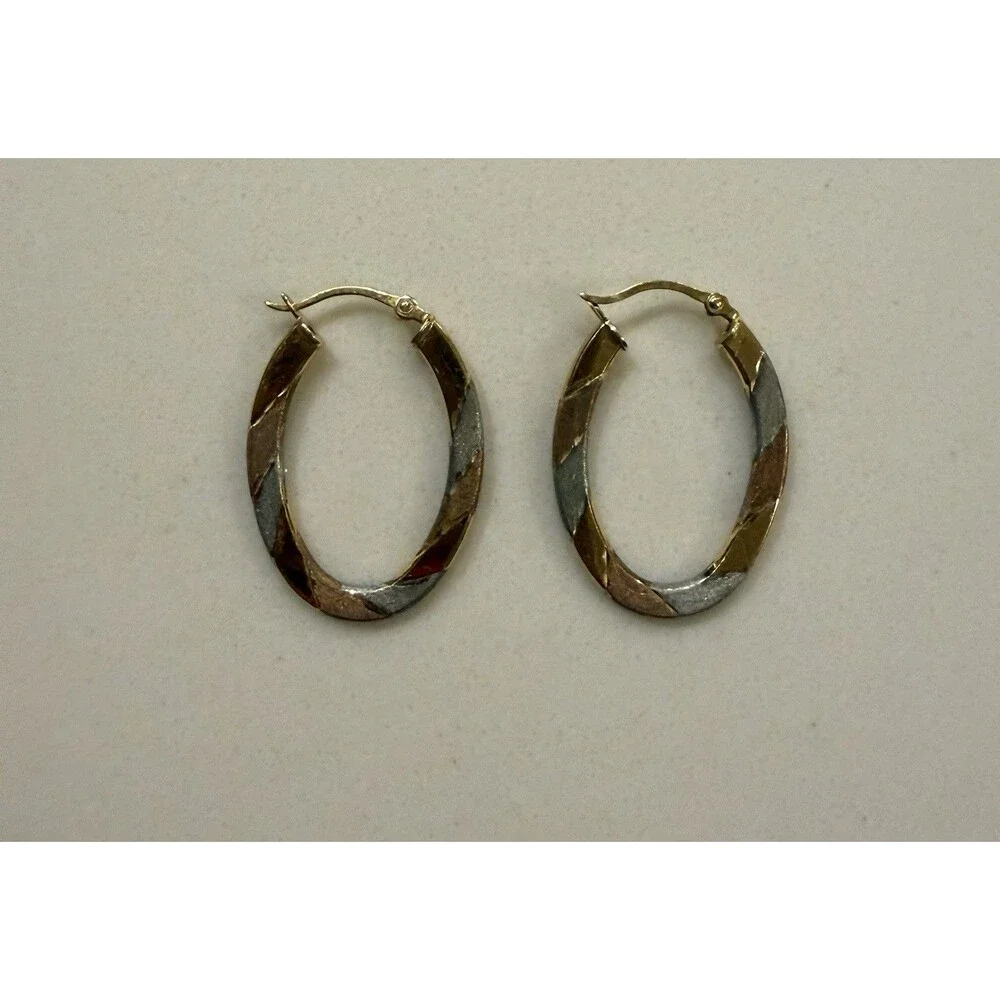 Vintage 10K Yellow Rose White Gold Tri-Color Diamond Cut Oval Hoop Earrings